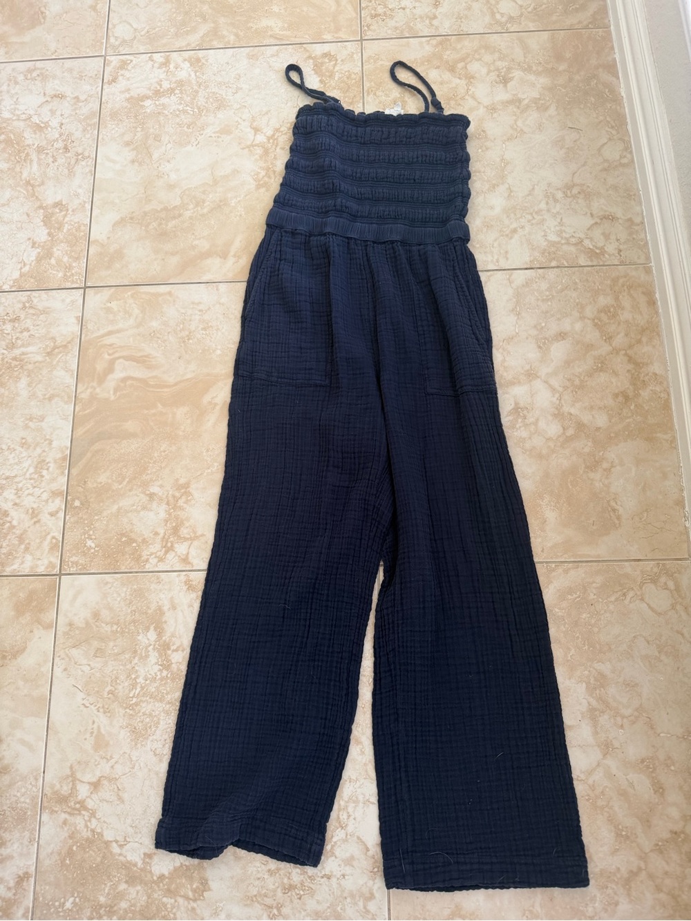 Lou and Grey Women's Navy Smocked Jumpsuit Cotton with Pockets